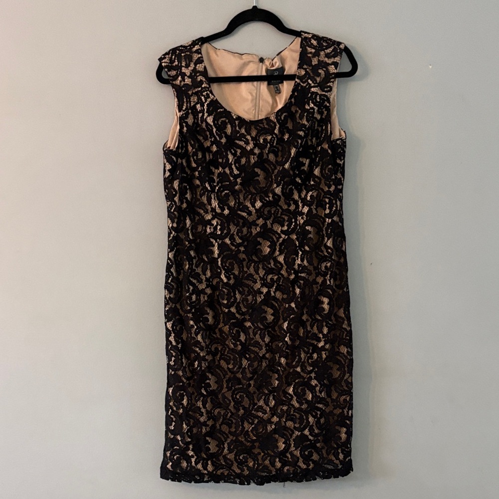 Adrianna Papell black and beige lace sheath dress
